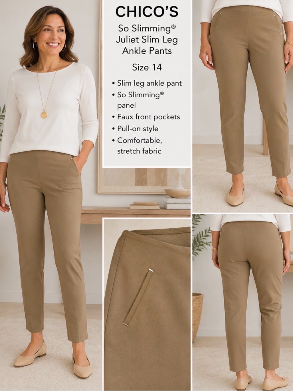 Chico's Women's 2.5, 14 So Slimming Juliet Slim Leg Pull On Pant Ankle